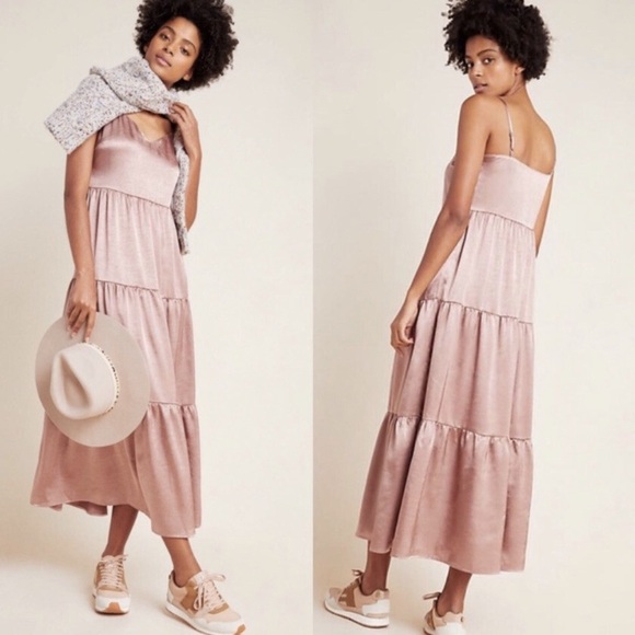 ANTHROPOLOGIE Ro&De Tiered Midi Maxi Dress Brown Pink M‎ Sundress Sun Vacation - Picture 1 of 10